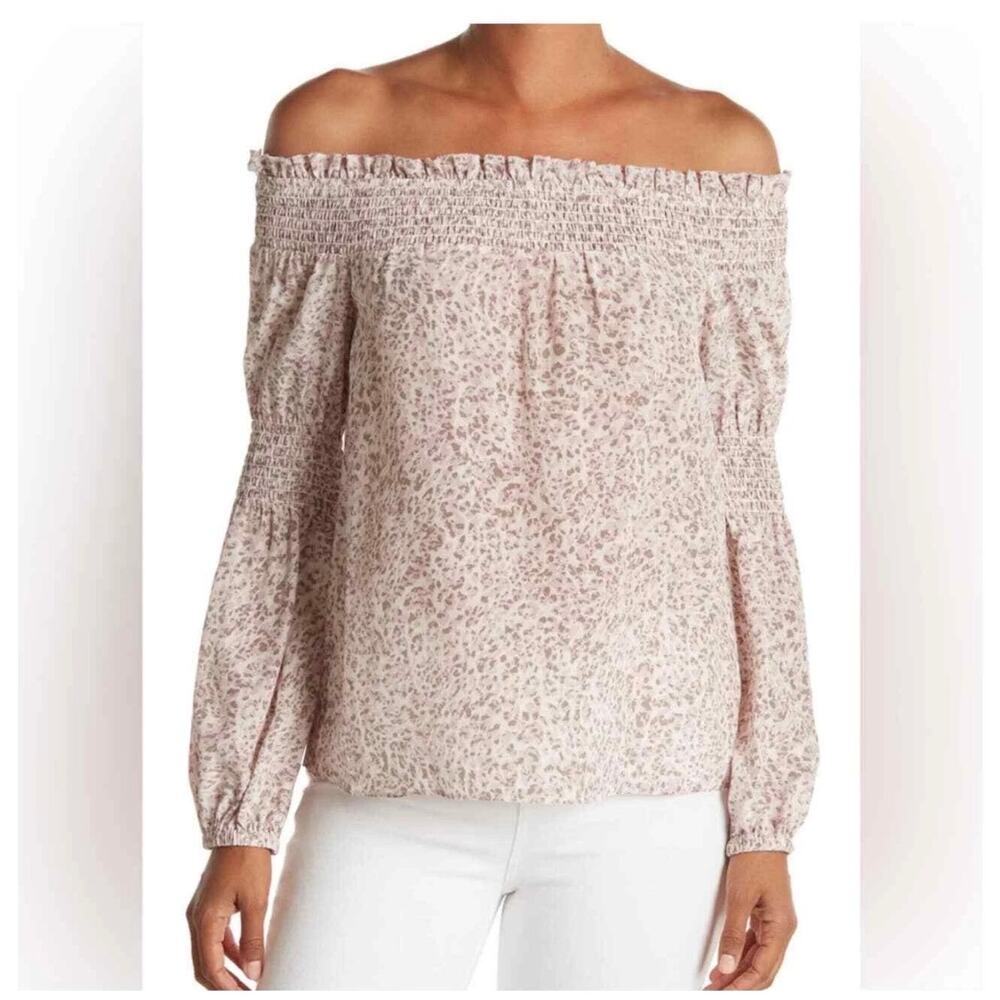 L’Agence Mona Silk Off The Shoulder Leopard Animal Print Silk Blouse Small